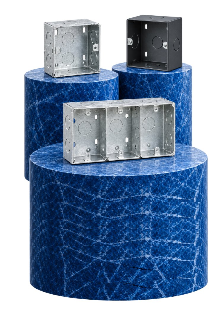 GI and powder-coated metal boxes displayed on blue plinths